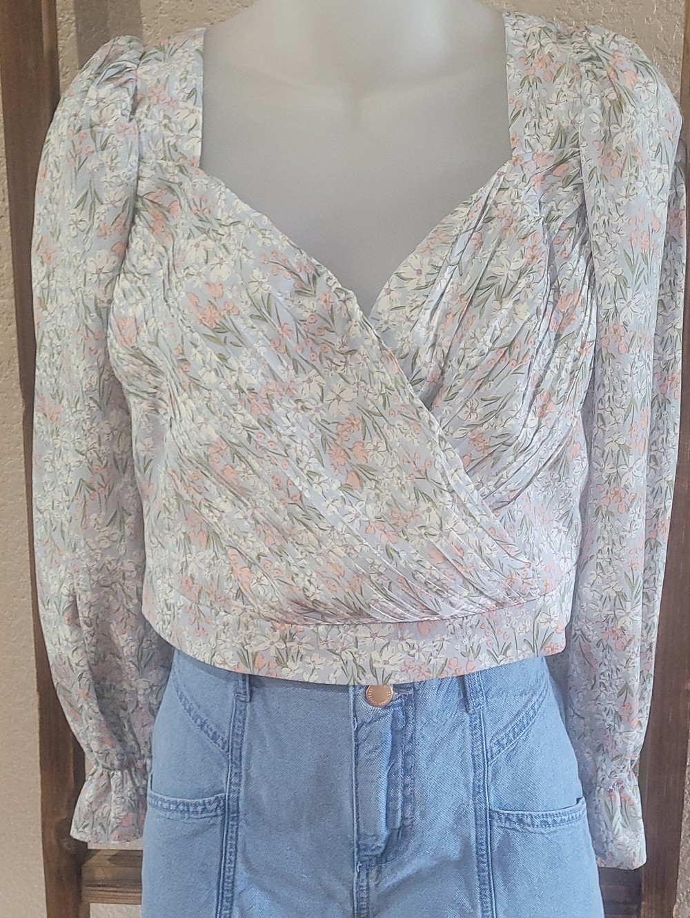 Pastel Floral Wrap Blouse in Soft Pink & Sage